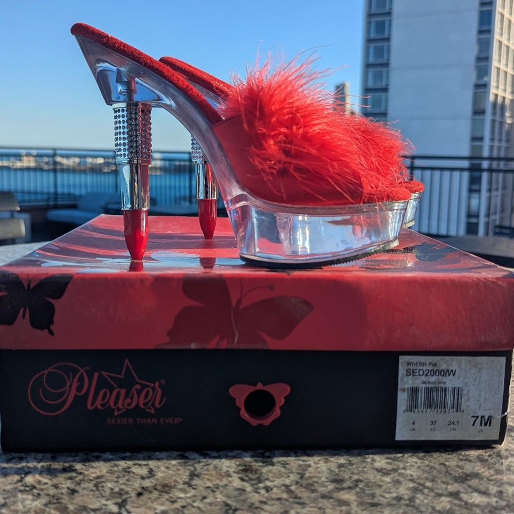Pleaser Red Feathered Heels with Clear Platform SED2000/W